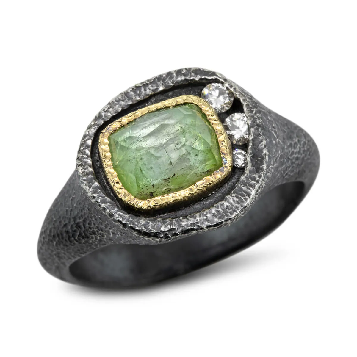 Mountain Plateau Ring with Green Tourmaline and Diamonds