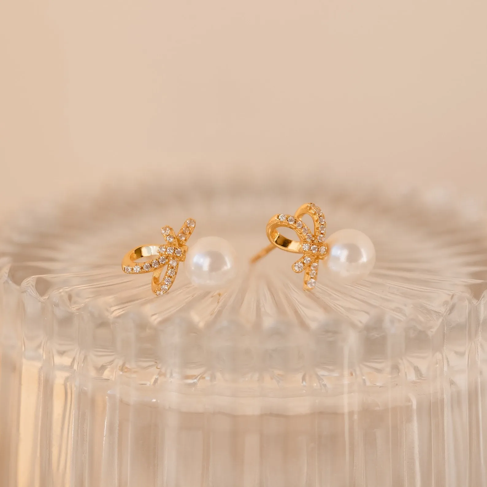 Pave Bow Pearl Studs