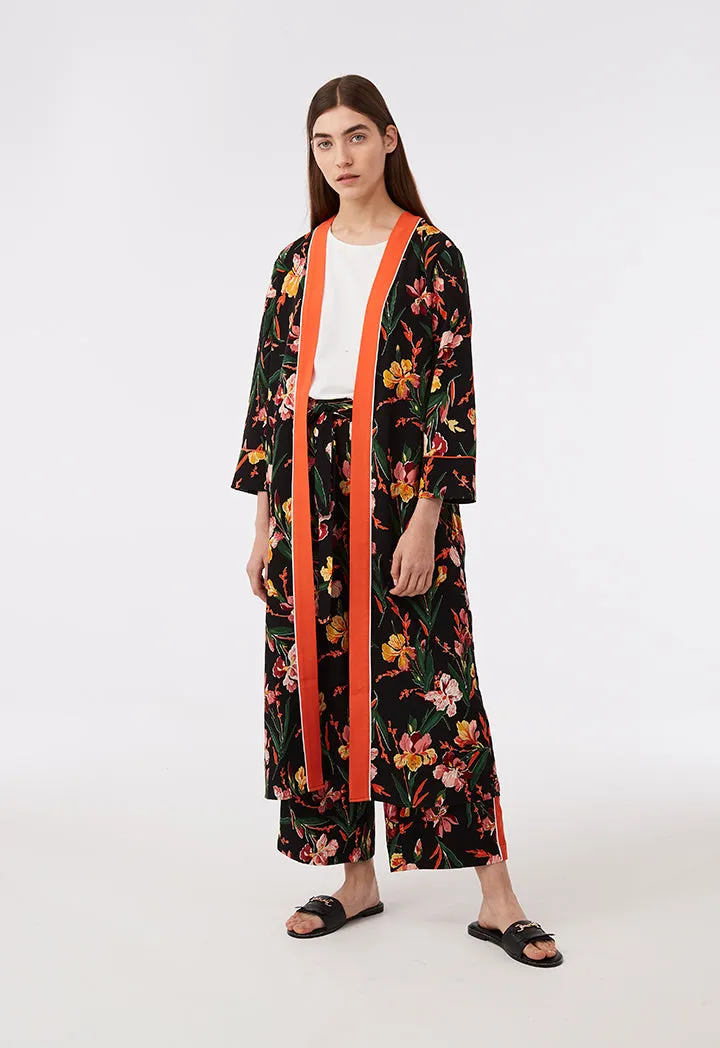 Printed Long Kimono With Contrast Tape