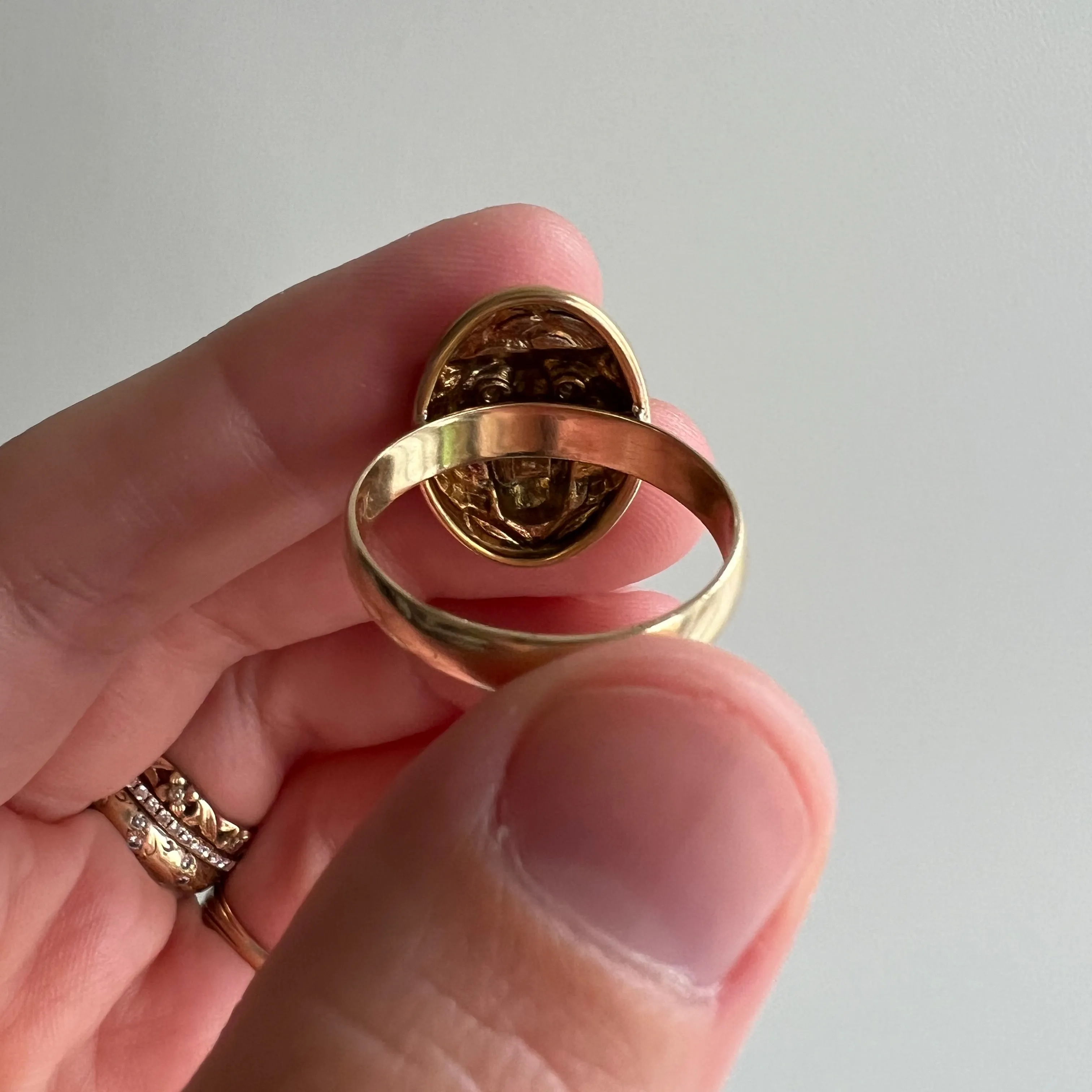 reimagined V I N T A G E // ambiguous big cat / solid 10k yellow gold art nouveau cufflink conversion ring / size 7.25 ish