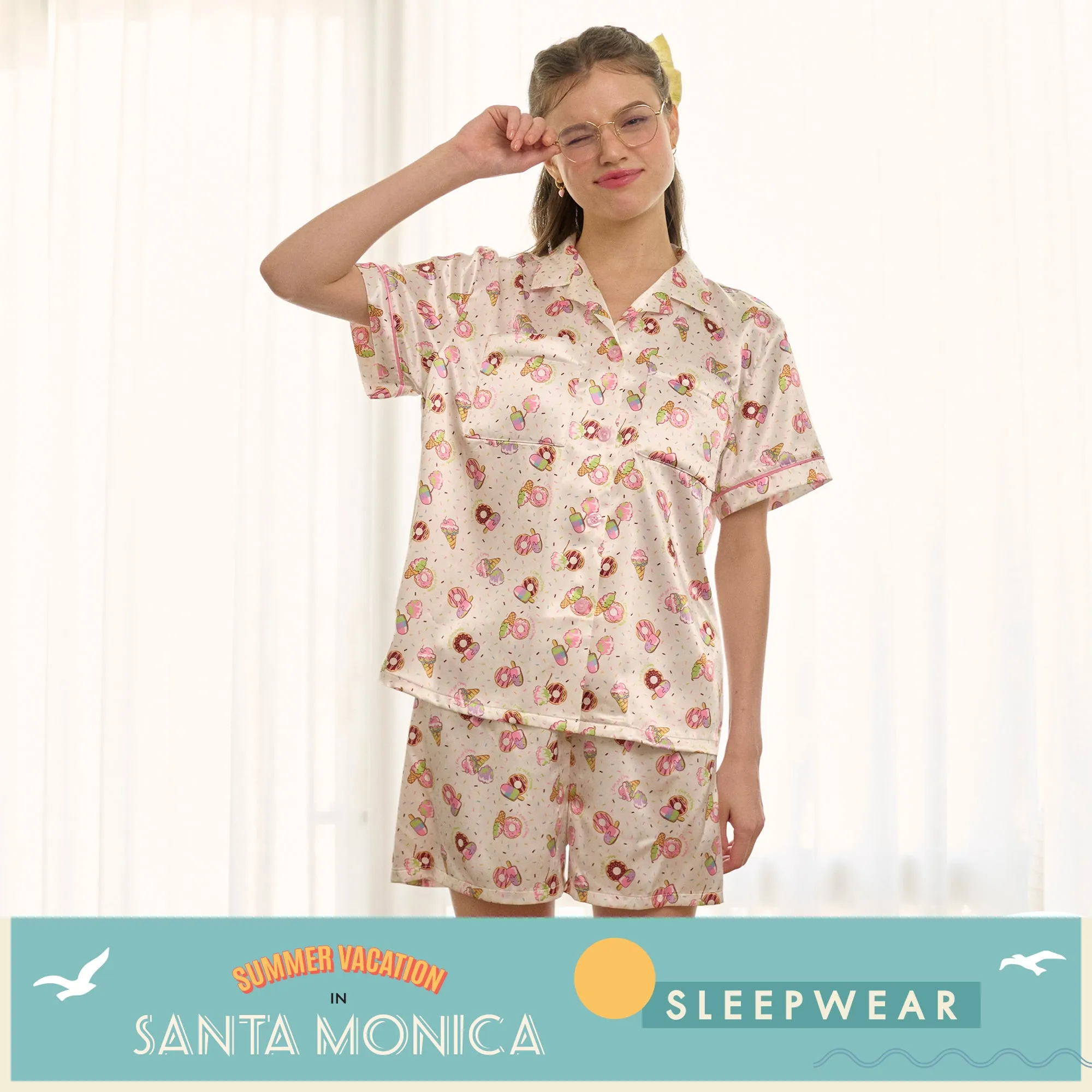 Santa Monica Collection ชุดนอนกันโป๊แขนสั้น ขาสั้น พิมพ์ลาย Donut และ Ice cream รุ่น WN7O01 สีขาว (WH)