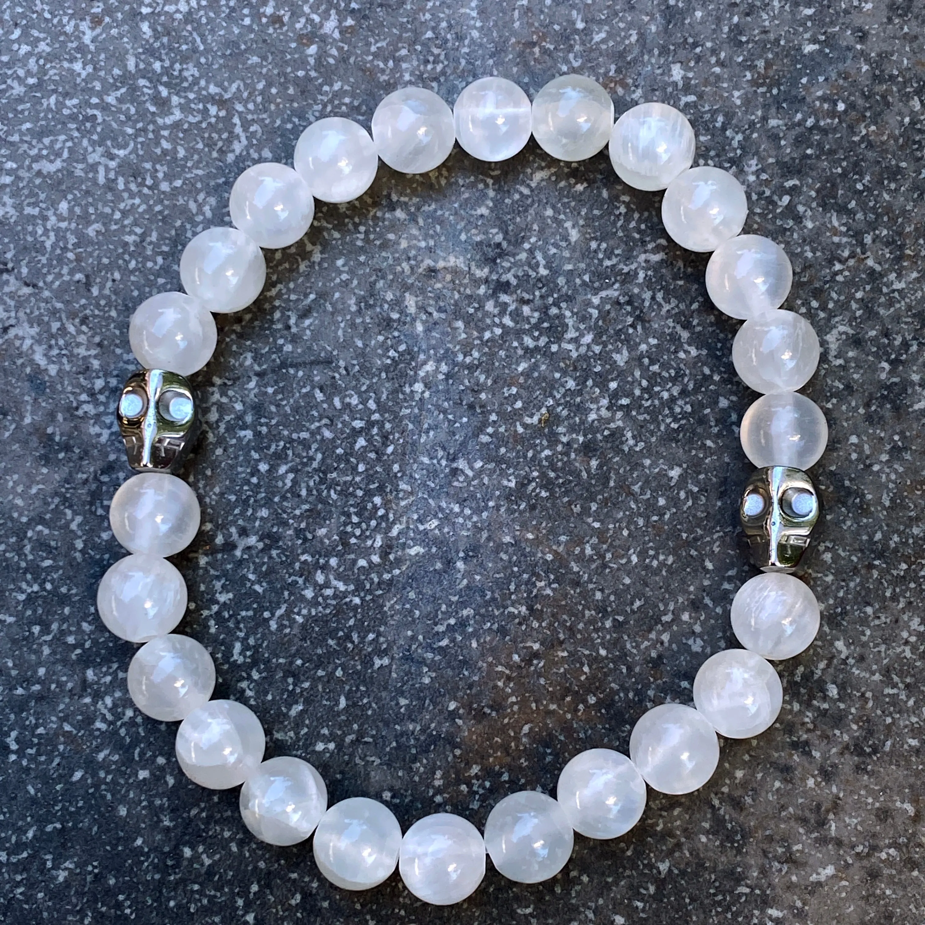 Selenite gemstone and Hematite Skull Men’s Stretch Bracelet