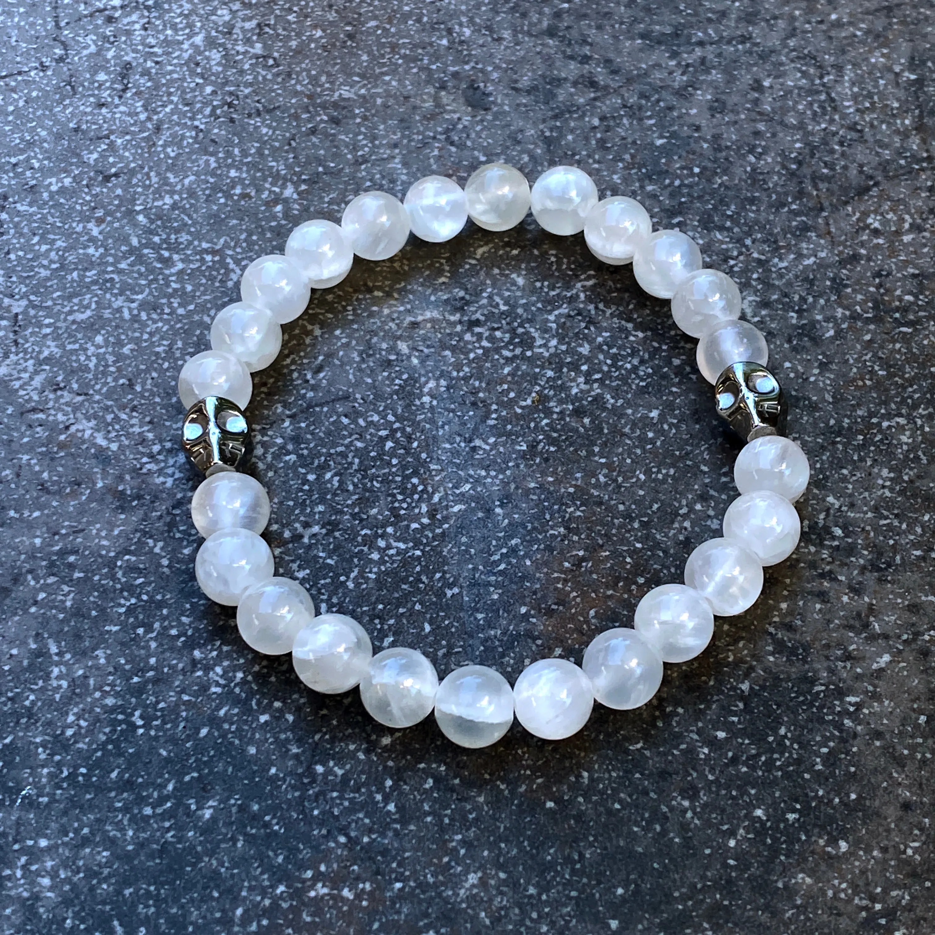 Selenite gemstone and Hematite Skull Men’s Stretch Bracelet