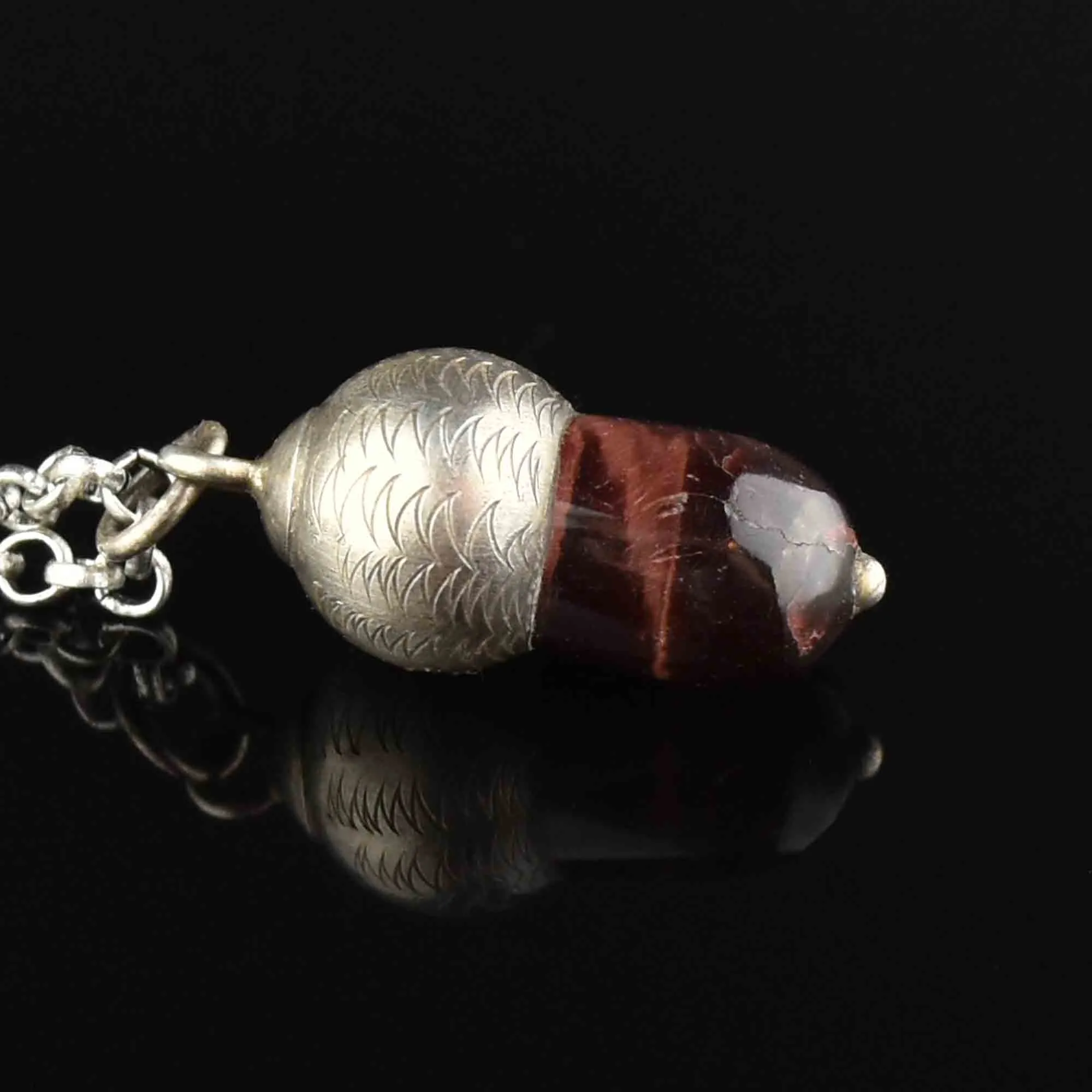 Silver Banded Quartz Acorn Pendant Necklace