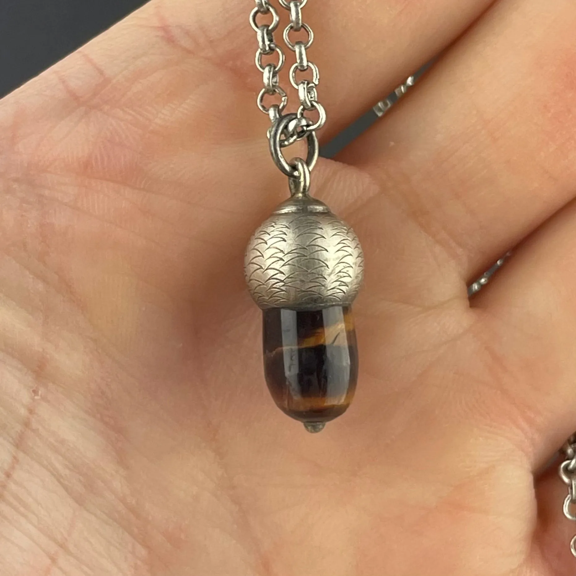 Silver Banded Quartz Acorn Pendant Necklace