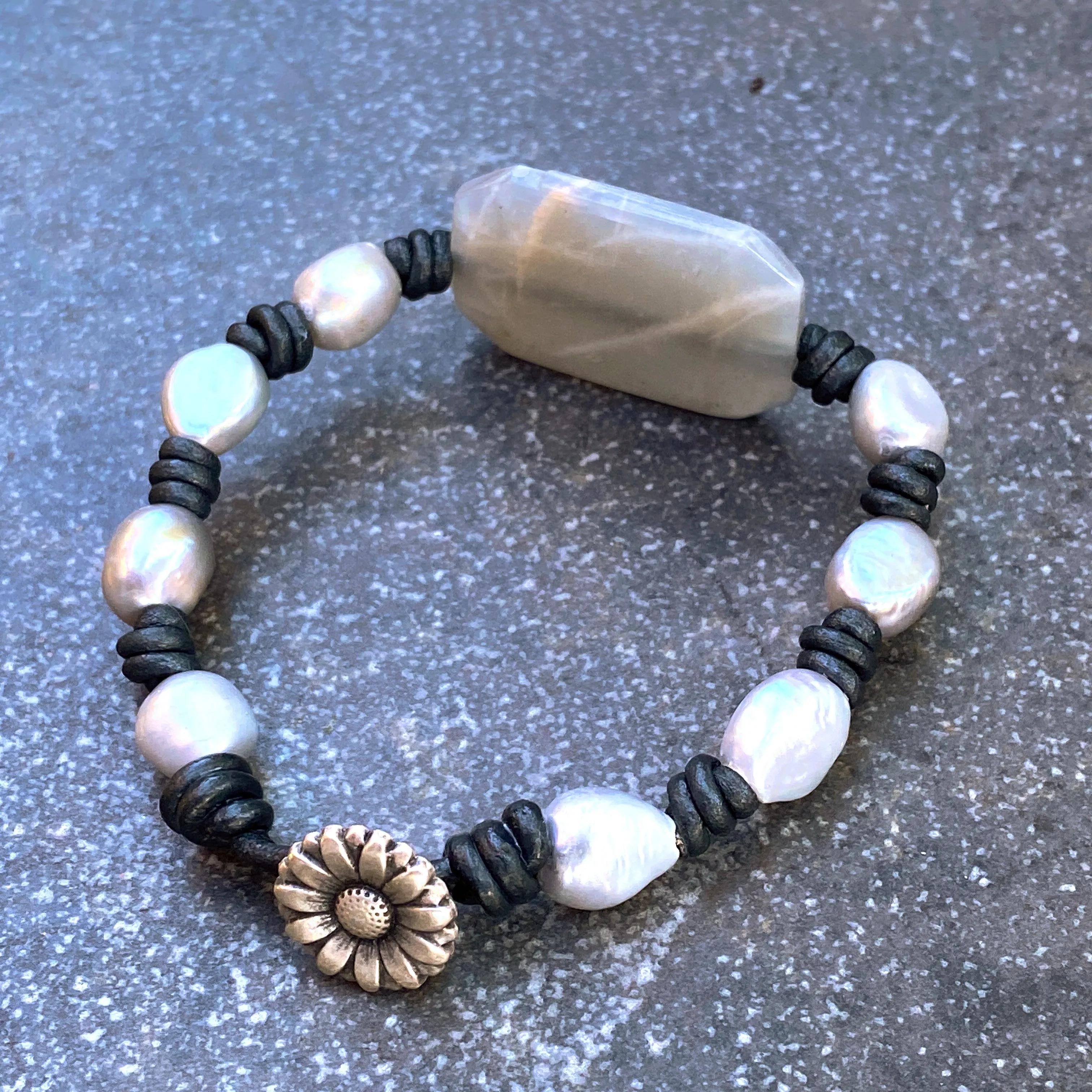 Silver moonstone and genuine freshwater Pearl hand knotted leather bracelet