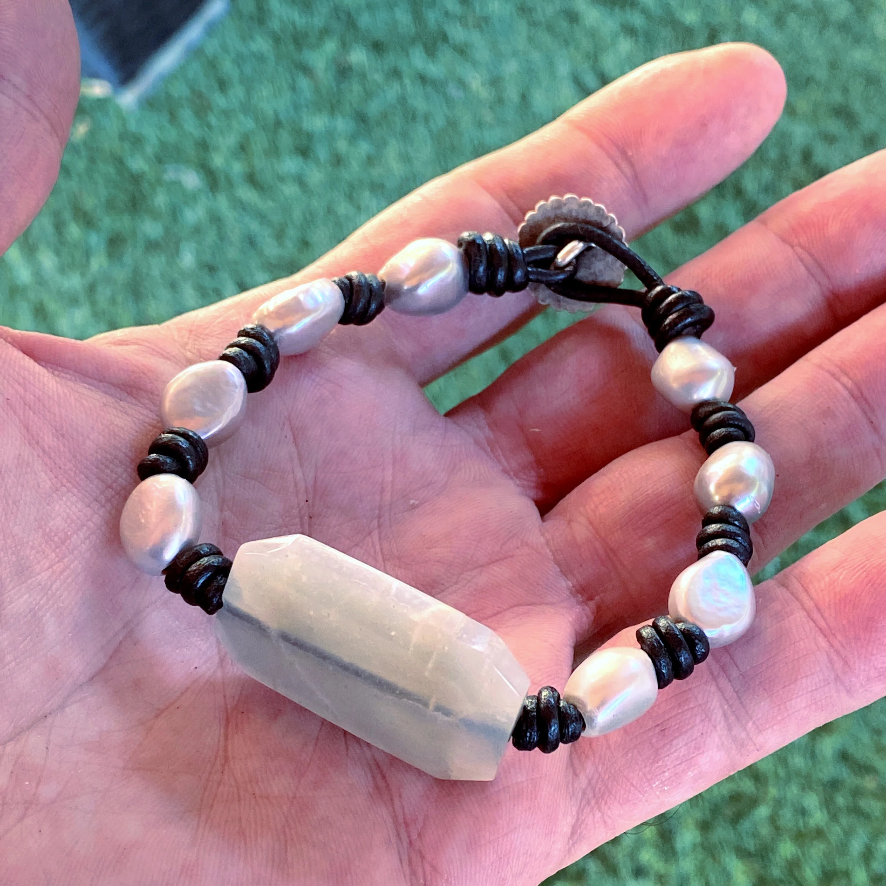 Silver moonstone and genuine freshwater Pearl hand knotted leather bracelet