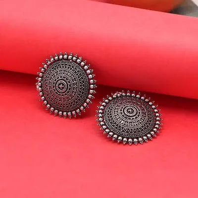 Silver Round Floral Silver- Toned Stud Earrings