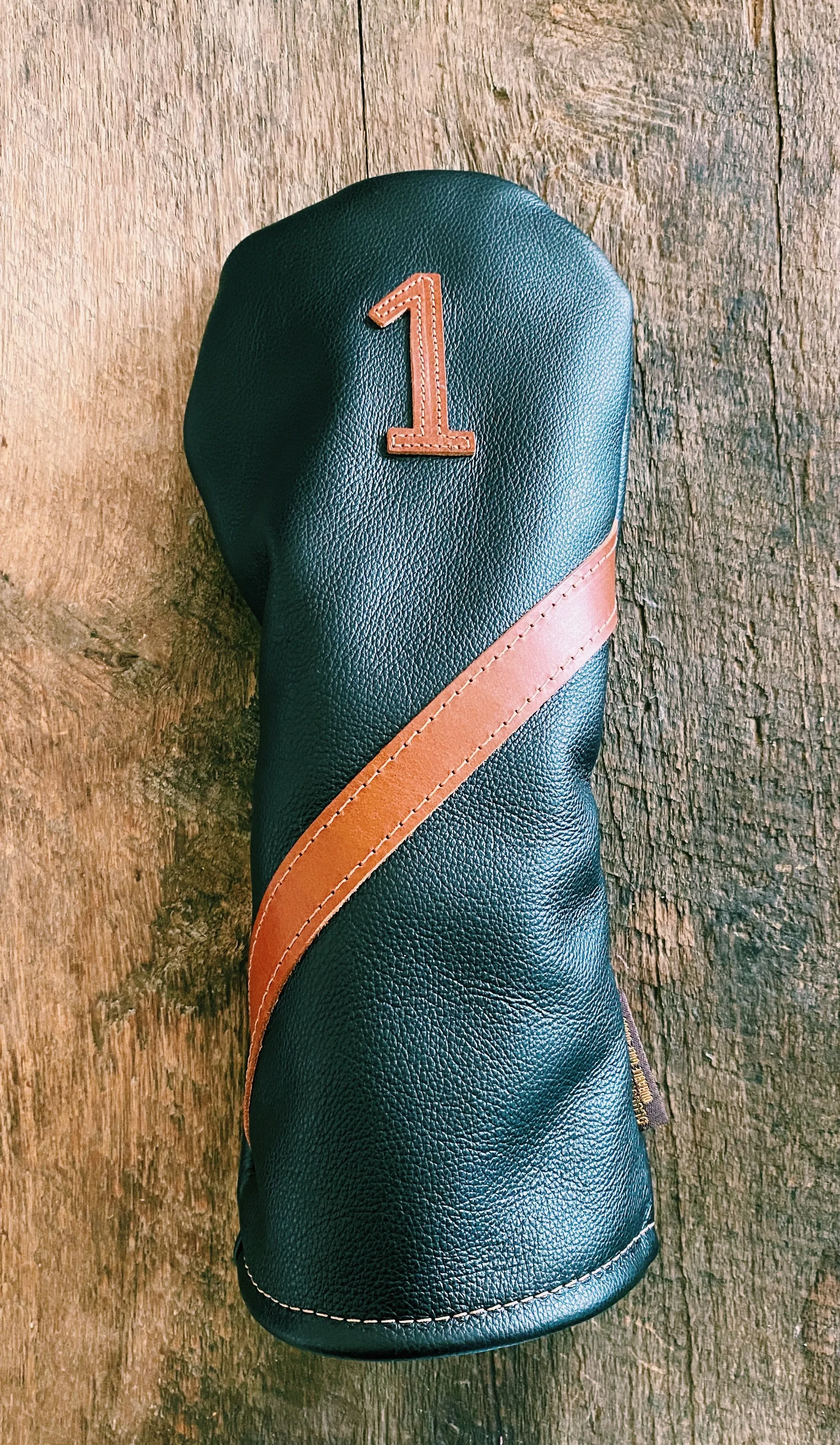 Single Barrel collection leather golf Headcover in Italian black calf/ Buttero Chestnut