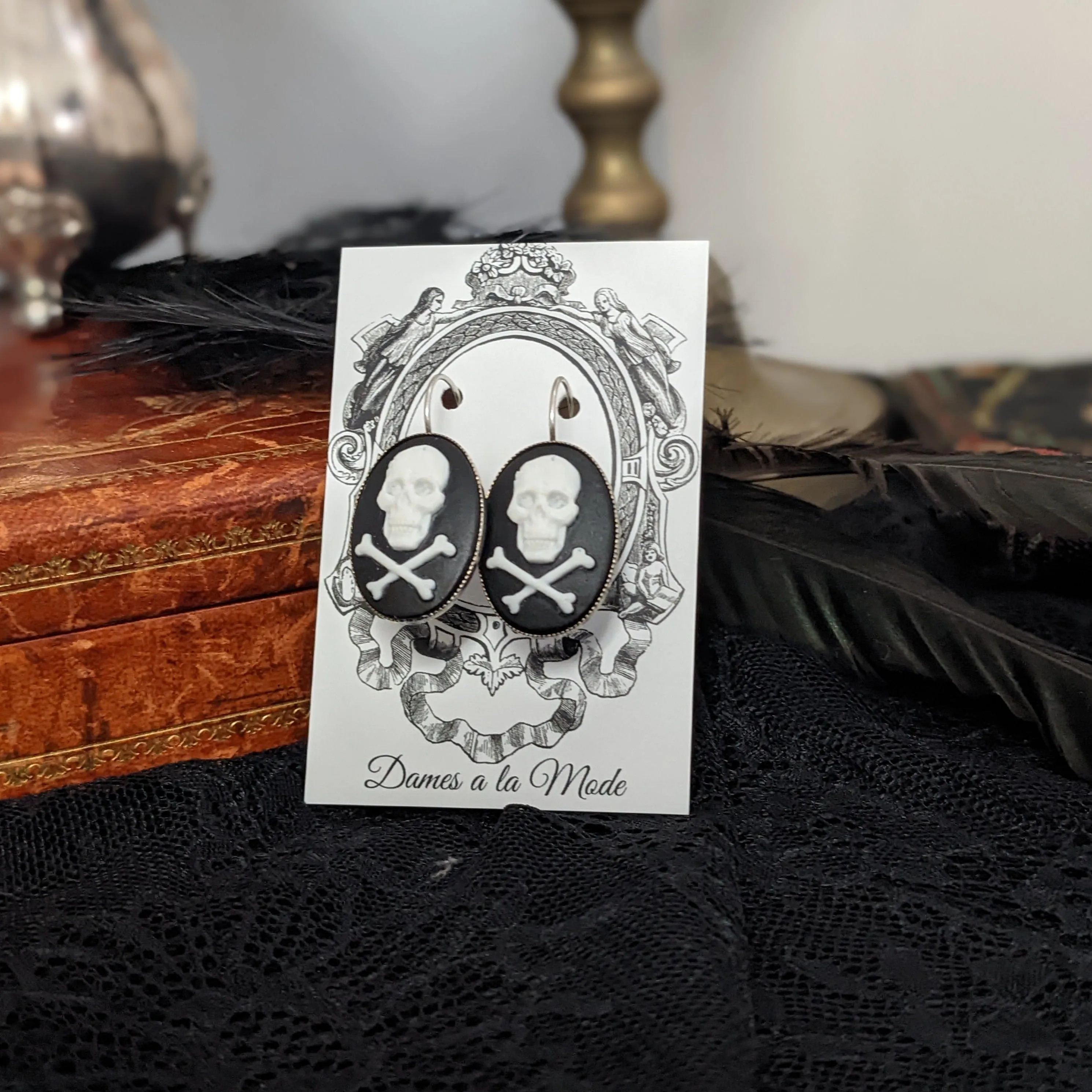 Skull and Crossbones Cameo Earrings - Extra Large Oval