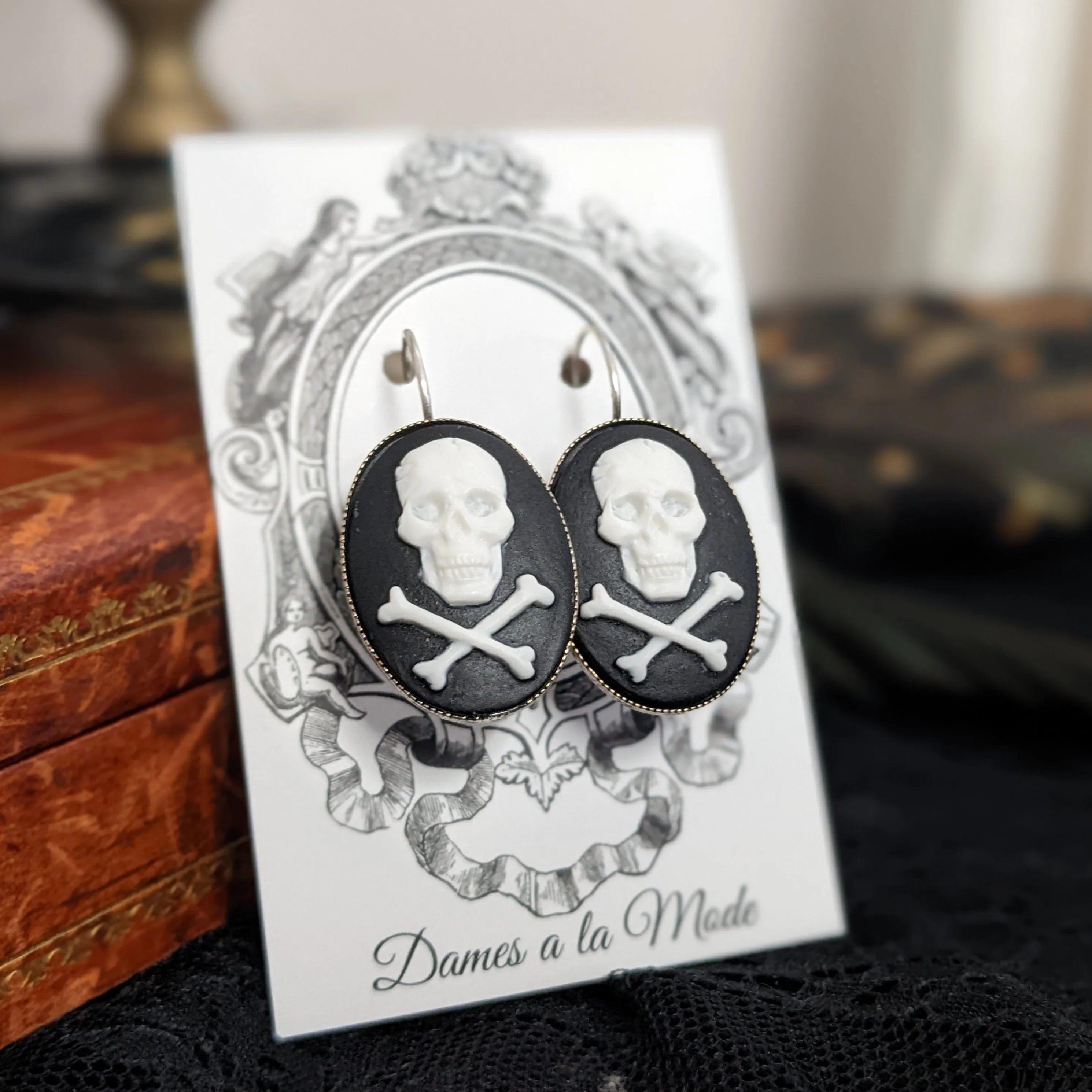 Skull and Crossbones Cameo Earrings - Extra Large Oval