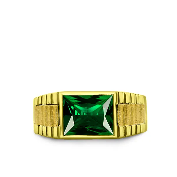 Solid 10k Yellow Gold Mens Ring Green Emerald Gemstone Band Ring for Man