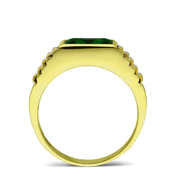 Solid 10k Yellow Gold Mens Ring Green Emerald Gemstone Band Ring for Man