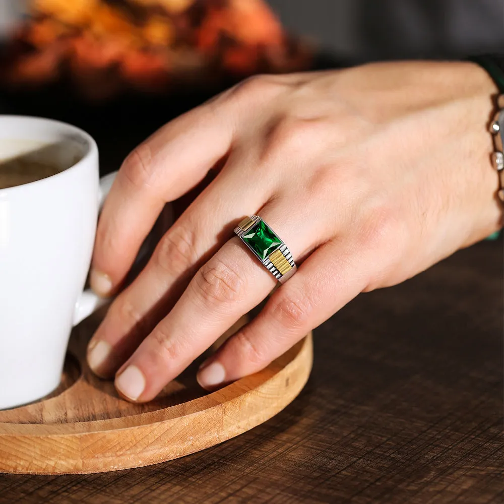 Solid Fine 14k White Gold Wedding Ring with Rectangle Green Emerald Gemstone