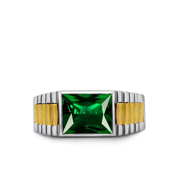 Solid Fine 14k White Gold Wedding Ring with Rectangle Green Emerald Gemstone