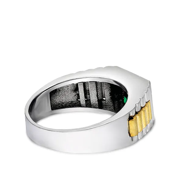 Solid Fine 14k White Gold Wedding Ring with Rectangle Green Emerald Gemstone