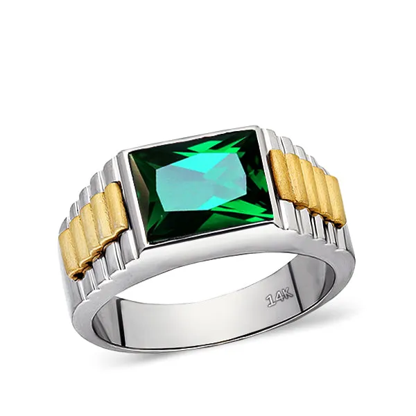 Solid Fine 14k White Gold Wedding Ring with Rectangle Green Emerald Gemstone