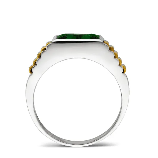 Solid Fine 14k White Gold Wedding Ring with Rectangle Green Emerald Gemstone