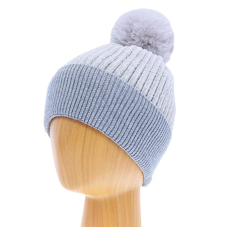 Solid Knit Faux Fur Pom Pom Beanie Hat