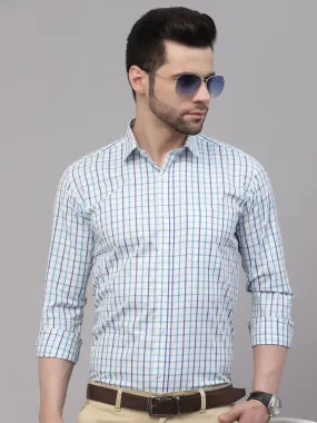 Style Quotient Men White And Turquoise Checks Yarn Dyed PolyCotton Regular Formal Shirt