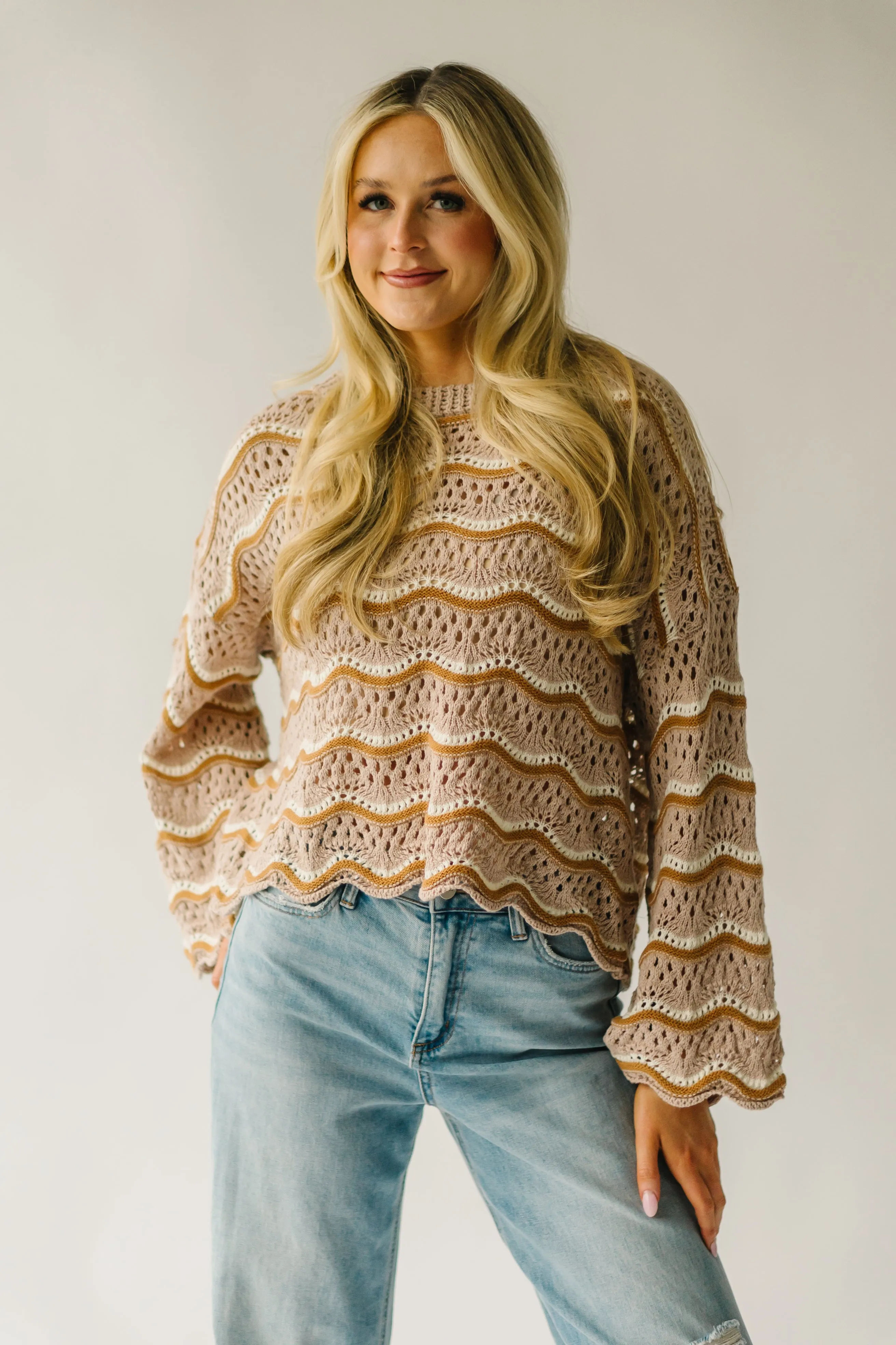 The Hondo Wavy Detail Crochet Sweater in Taupe Multi