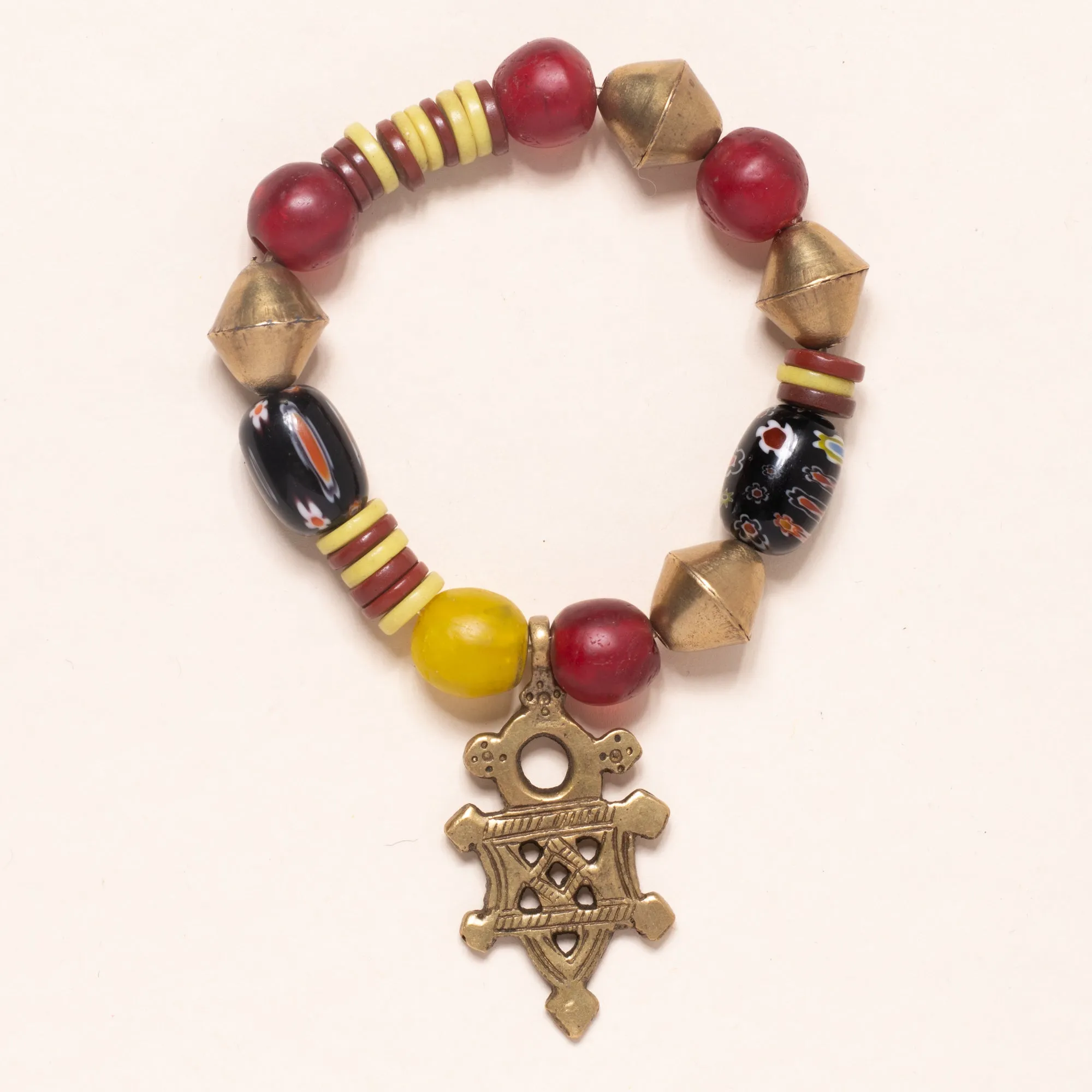 Vintage African Beads, Vinyl, and Brass Bead Bloom Bracelet