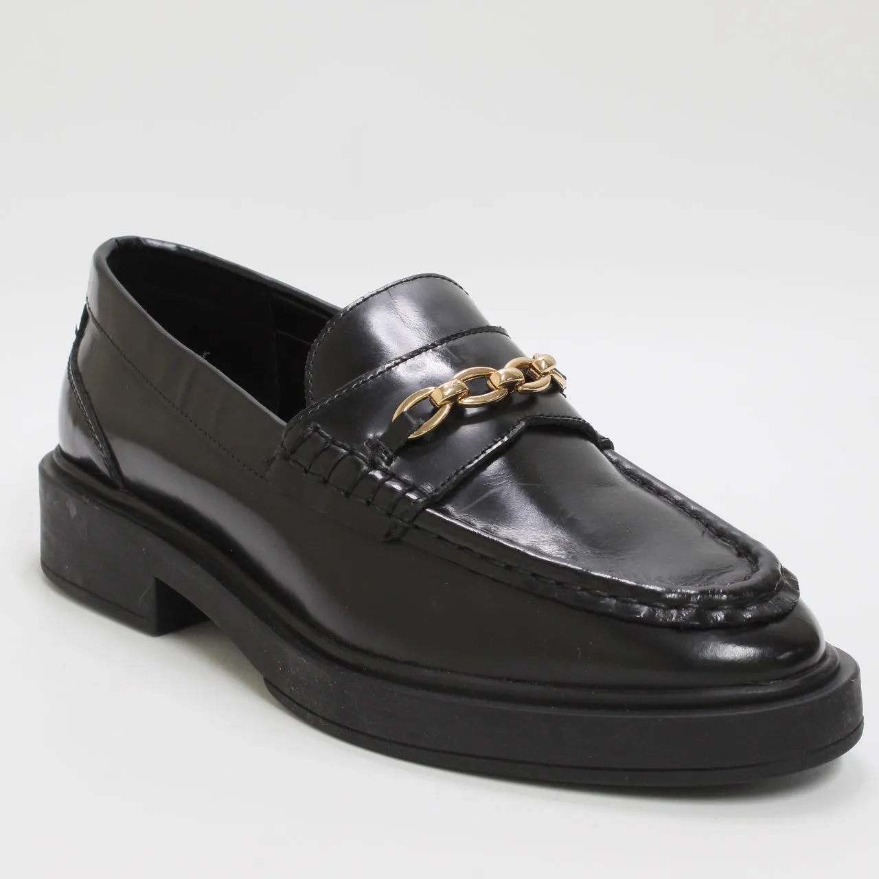 Womens Office Firecracker Leather Chain Loafers Black Leather