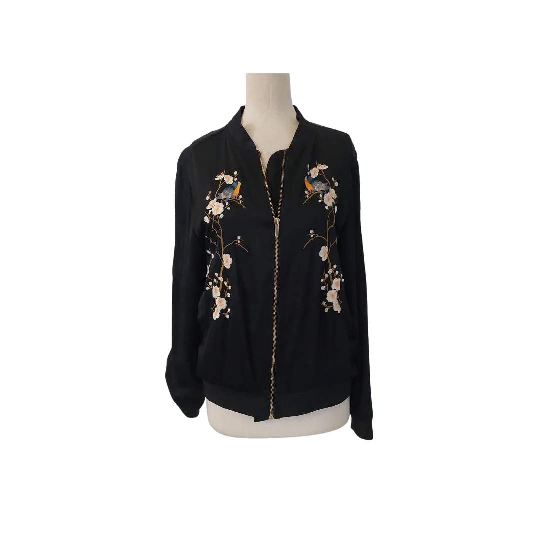 ZARA Black Satin Embroidered Bomber Jacket | Pre Loved |